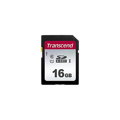Eine schwarze Transcend SD-Karte mit rotem Logo und Aufschrift 'Transcend', darunter '16GB'.
