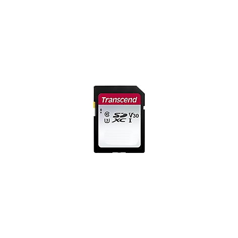 Schwarze Transcend SDXC Speicherkarte mit rotem Logo-Bereich und technischen Symbolen auf weißem Hintergrund.