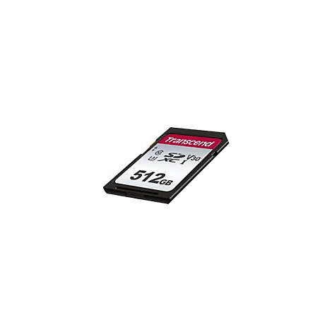 Schwarze Transcend SD-Speicherkarte mit 512GB Kapazität, schräg vor weißem Hintergrund.