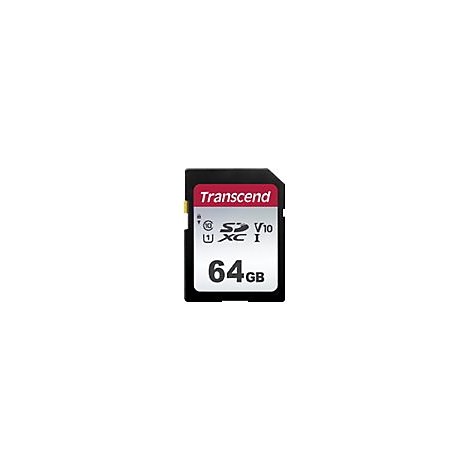 Eine schwarze 64GB SDXC-Speicherkarte von Transcend auf weißem Hintergrund.