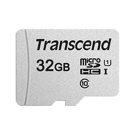 Silberne Transcend microSDHC Speicherkarte mit 32GB Kapazität auf weißem Hintergrund.
