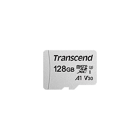 Silberne Transcend microSDXC-Speicherkarte mit 128 GB Kapazität vor weißem Hintergrund.