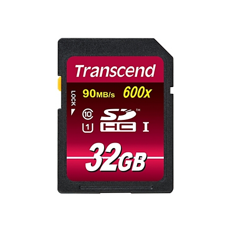 Gros plan sur une carte SD Transcend noire. Inscriptions blanches sur la surface rouge : Transcend, 90MB/s, 600x et 32GB.
