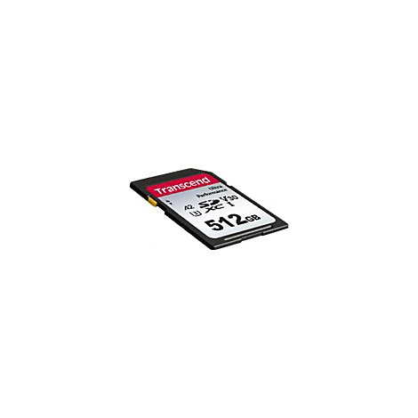 Schwarze Transcend 512GB microSDXC Speicherkarte mit rotem Logo auf weißem Hintergrund.