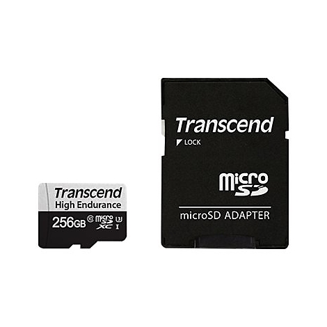 Transcend High Endurance 256GB MicroSD-Karte neben einem schwarzen MicroSD-auf-SD-Kartenadapter.