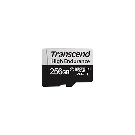 Schwarze MicroSD-Karte mit weiÃŸem Text von Transcend und der KapazitÃ¤t 256 GB.