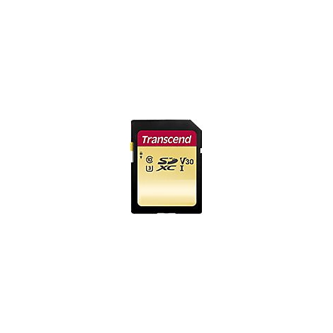 Transcend SDXC Speicherkarte mit goldenem Aufkleber, rotem Logo und Kennzeichnungen für V30 und UHS-I.