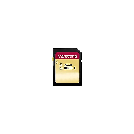 Transcend SDHC-Speicherkarte mit goldfarbenem Etikett auf schwarzem Kunststoffgehäuse vor weißem Hintergrund.