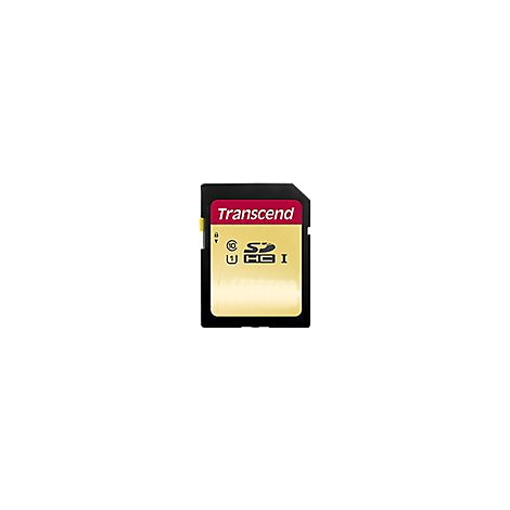 Schwarze SDHC Speicherkarte von Transcend mit goldenem Etikett und rotem Markenlogo.