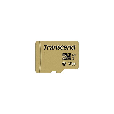 Goldene Transcend MicroSD-Speicherkarte mit Modellbezeichnungen auf weißem Hintergrund.