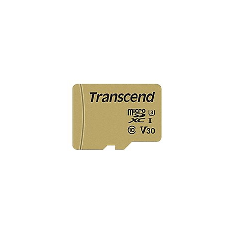 Goldene Transcend microSDXC Speicherkarte mit schwarzen Schriftzügen und technischen Symbolen.