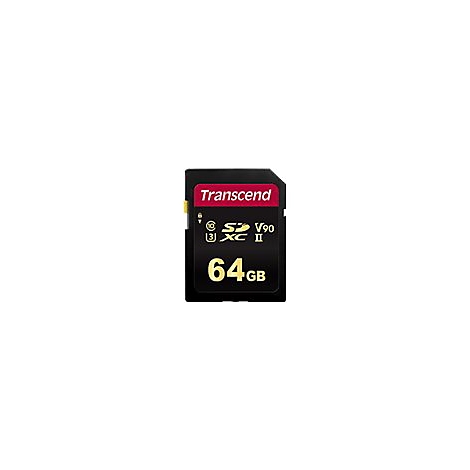 Schwarze Transcend SDXC Speicherkarte mit 64GB, V90 Klassifizierung und goldenem Schriftzug.