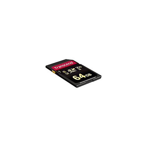 Schwarze Transcend SD-Speicherkarte mit 64 GB Kapazität, V90-Standard und rotem Markenlogo.