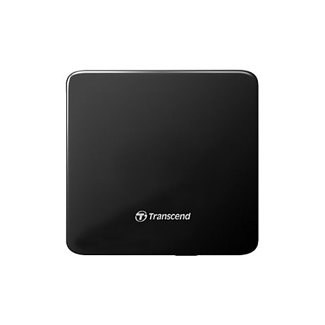 Quadratisches, schwarzes externes CD/DVD-Laufwerk von Transcend mit Logo auf der Oberseite.
