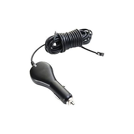 Schwarzes Autoladegerät mit aufgerolltem Kabel, auf weißem Hintergrund.