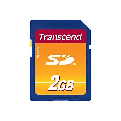 Carte SD bleue avec texte rouge 'Transcend', fond orange, logo 'SD' et indication '2GB'.