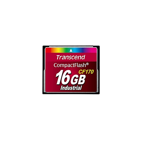 Une carte mémoire CompactFlash rectangulaire rouge de Transcend avec du texte et un dégradé de couleurs.