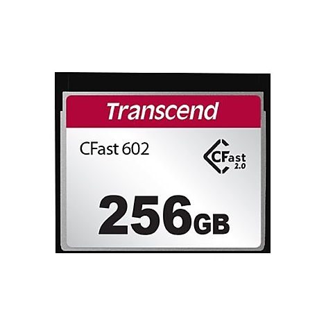 Transcend CFast 2.0 Speicherkarte mit 256 GB Kapazität auf weißem Hintergrund.