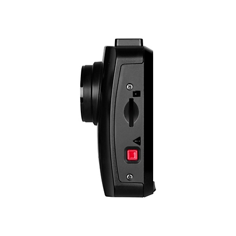 Schwarze Dashcam im Profil. Objektiv, Knöpfe und rote Aufnahmetaste sind sichtbar.