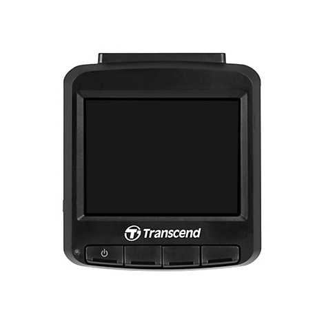 Schwarze Dashcam von Transcend mit Display und vier Tasten unter dem Bildschirm auf weißem Hintergrund.