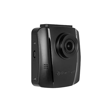 Schwarze Dashcam von Transcend mit markantem Objektiv und Micro-USB-Anschluss vor weißem Hintergrund.