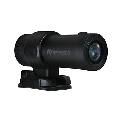 Schwarze Dashcam mit Objektiv und Logo von Transcend, an einem Halter befestigt, der auf weißem Hintergrund steht.