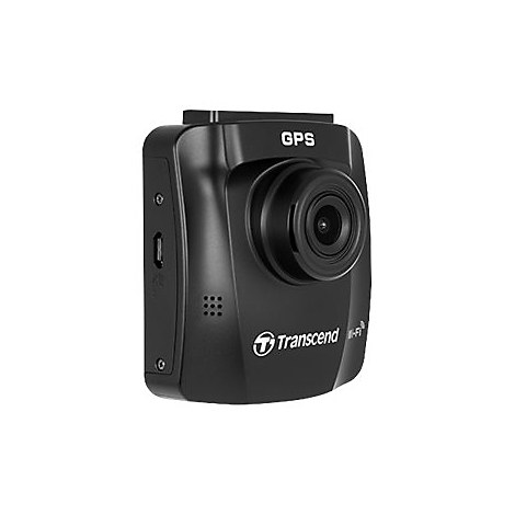 Schwarze Dashcam mit Objektiv, GPS- und Wi-Fi-Beschriftung. Das Logo von Transcend ist deutlich sichtbar.