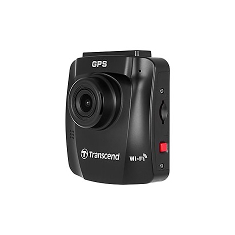 Schwarze Dashcam mit Objektiv, GPS und Wi-Fi. Aufschrift: Transcend. Roter Knopf an der Seite.