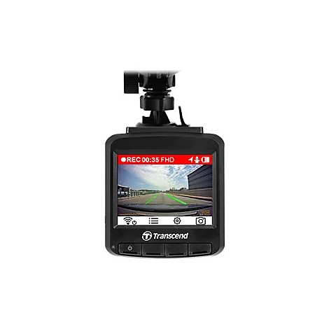 Schwarze Dashcam mit Display, das die Straße zeigt. Das Display zeigt REC 00:35 FHD. Logo: Transcend.