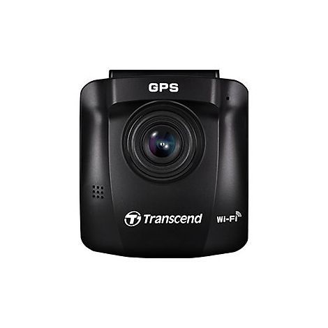 Caméra embarquée noire avec objectif, GPS et Wi-Fi. Inscription Transcend.