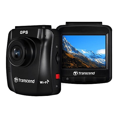 Schwarze Dashcam mit GPS, Wi-Fi und Display. Auf dem Display Gebirgslandschaft. Marke: Transcend.