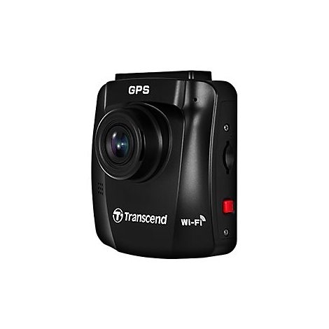 Schwarze Dashcam mit Objektiv, GPS- und Wi-Fi-Beschriftung. Roter Knopf auf der Seite. Marke Transcend.