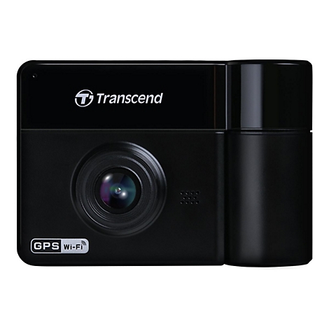 Schwarze Dashcam mit Objektiv, Logo 'Transcend' und Aufschrift 'GPS Wi-Fi'.