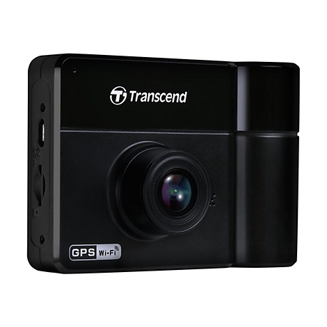 Schwarze Dashcam mit Objektiv, Logo "Transcend" und Aufschrift "GPS Wi-Fi".