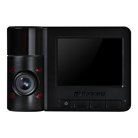 Schwarze Dashcam mit Bildschirm und Kamera, Logo 'Transcend'.