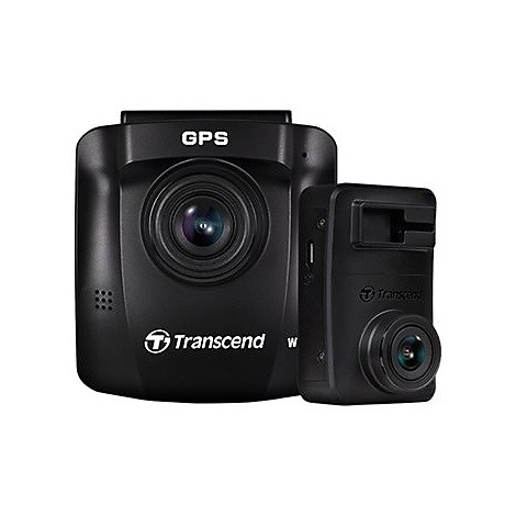 Zwei schwarze Dashcams nebeneinander. Die größere hat das Wort "GPS" und das Logo von "Transcend".