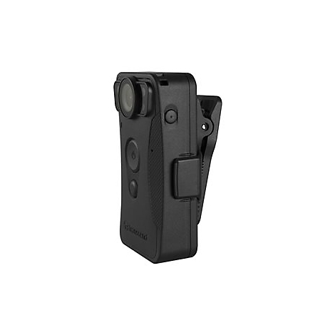 Schwarze Bodycam mit Clip vor weiÃŸem Hintergrund. Objektiv, KnÃ¶pfe und Markenlogo erkennbar.