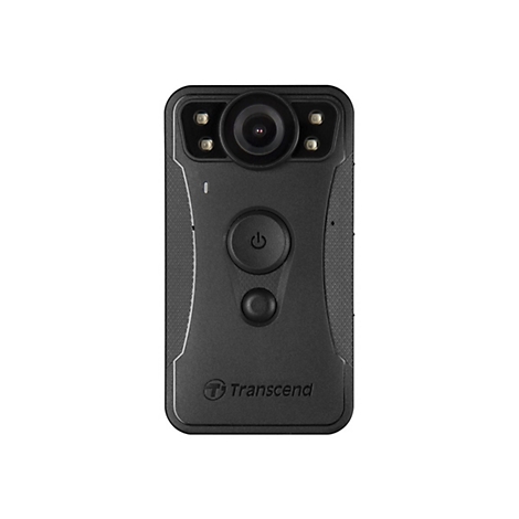 Schwarze Transcend Bodycam mit Kameraobjektiv, LEDs und zentralen Tasten auf weißem Hintergrund.