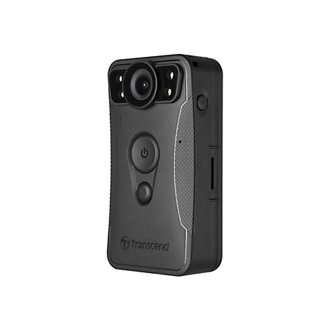 Schwarze Transcend Bodycam mit Frontlinse und mittigem Power-Knopf vor weißem Hintergrund.
