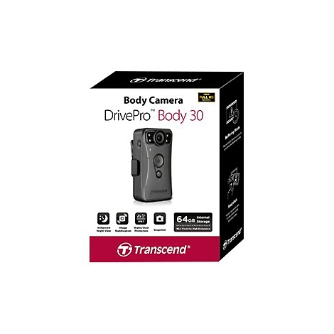 Schwarze Bodycam DrivePro Body 30 auf Verpackung, mit Logos und Produktinformationen.