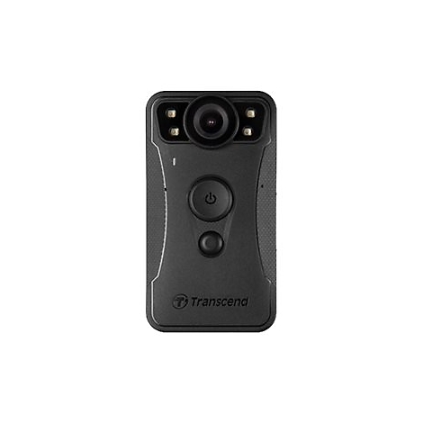 Eine schwarze Bodycam mit Objektiv, LED-Leuchten und Power-Button. Das Logo von Transcend ist unten zu sehen.