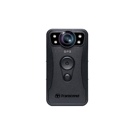 Schwarze Bodycam mit Linse, LEDs und GPS-Schriftzug. Power- und Funktionstaste, Markenlogo.