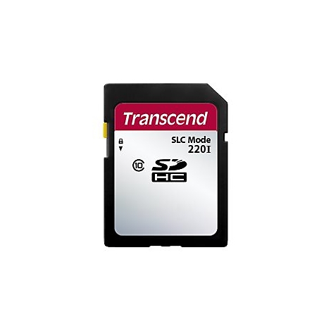 Schwarze Transcend SDHC-Speicherkarte mit roter Beschriftung und SLC Mode-Kennzeichnung vor weißem Hintergrund.