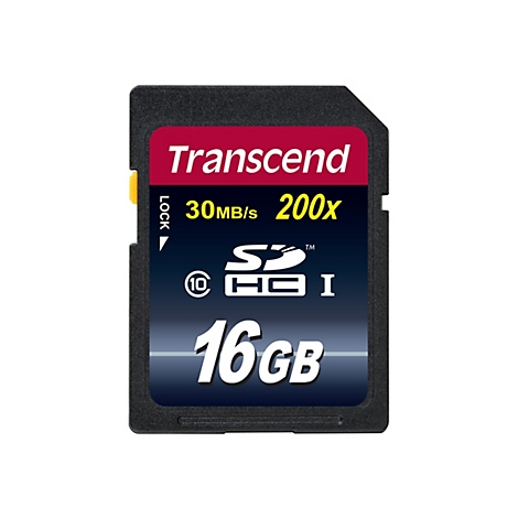 Schwarze Transcend SDHC-Speicherkarte mit 16GB Kapazität auf weißem Hintergrund.
