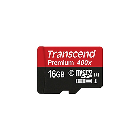 Rote und schwarze microSD-Karte mit dem Aufdruck "Transcend Premium 400x 16GB".