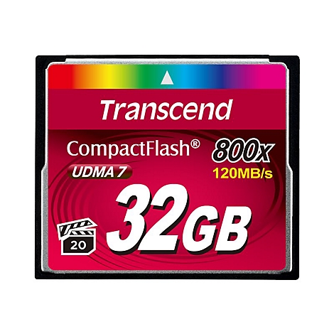 CompactFlash-Karte, rot mit Aufdruck 'Transcend', '32GB', '800x', Regenbogenband.