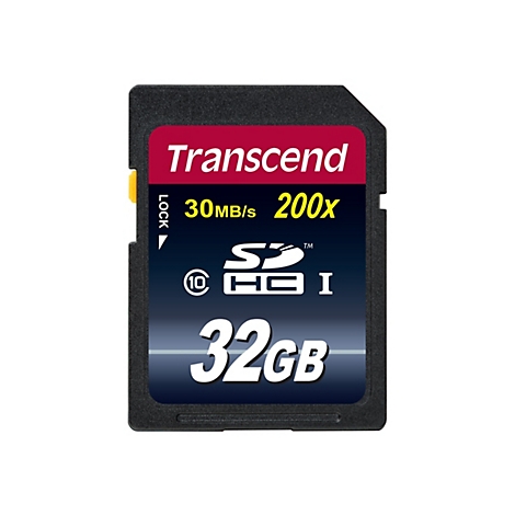 Schwarze Transcend 32GB SDHC Speicherkarte mit rotem Logo-Bereich und gelber 200x Aufschrift auf weißem Grund.
