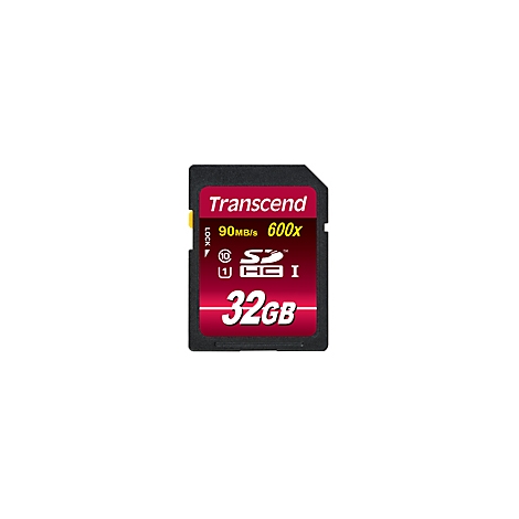 Eine schwarze Transcend SD-Karte mit roter Schrift: "Transcend", "90MB/s 600x", "32GB".