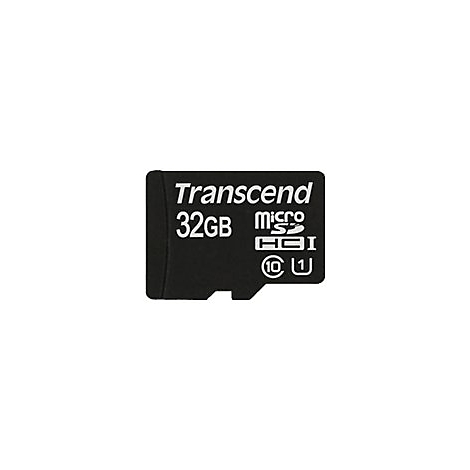 Schwarze Transcend Micro-SD-Karte mit weißer Schrift. Aufschrift: "Transcend 32GB micro SDHC I".