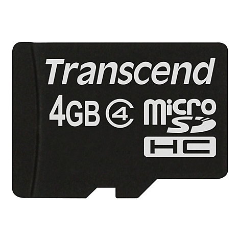 Schwarze Micro-SD-Karte mit Aufschrift Transcend 4GB Micro SDHC.
